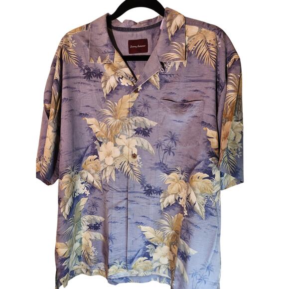 Tommy Bahama XL 100% Silk Hawaiian Camp Shirt Blue/White Tropical Textured Print - Picture 1 of 6